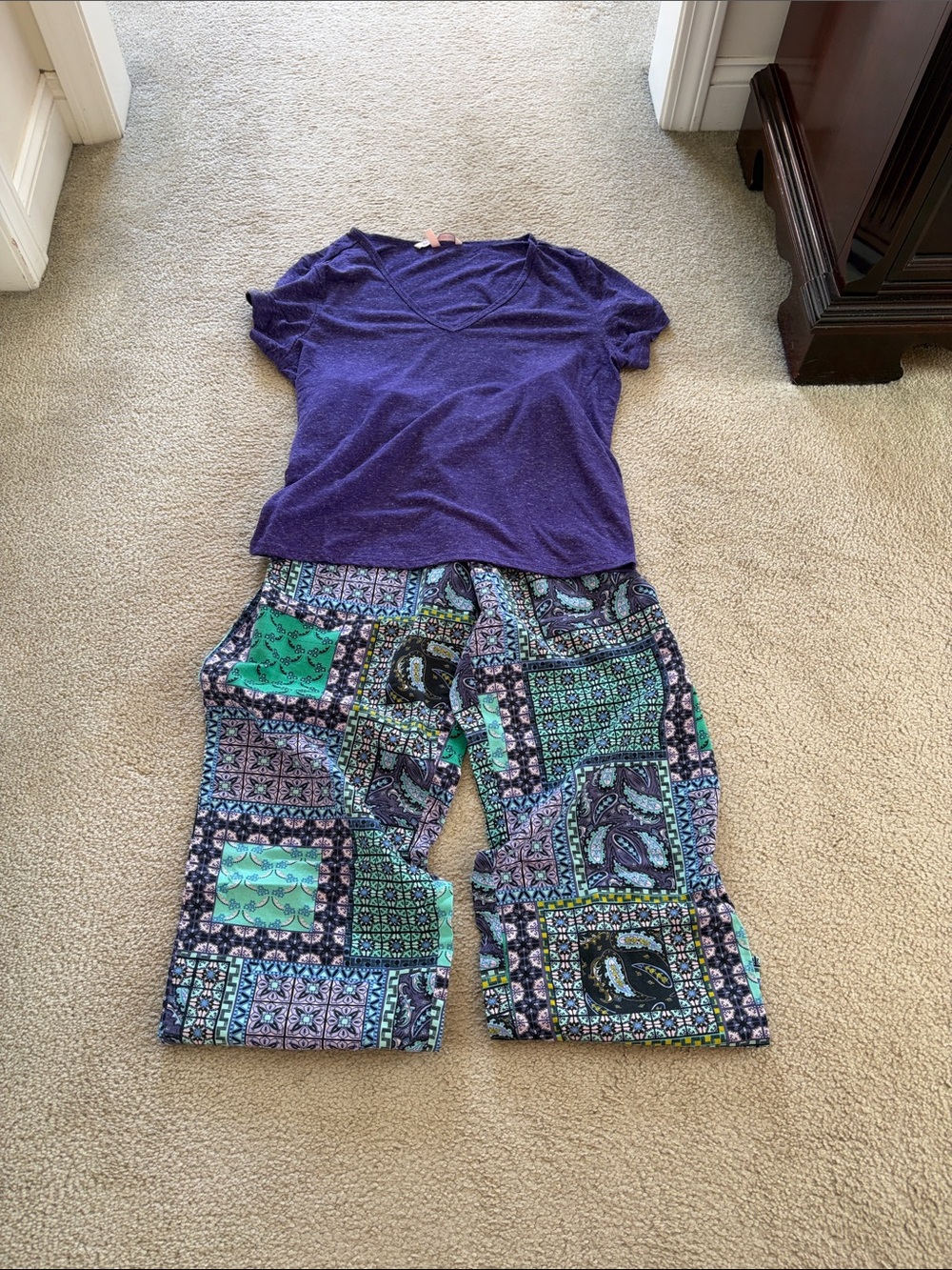 Victoria's Secret Purple V-Neck Top with Green & Teal Patchwork Pajama Pants